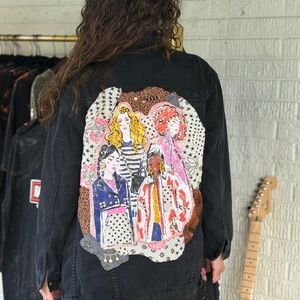 Upcycled Black Jean Jacket With Handstitched Fashion Design, Size Small, Beaded